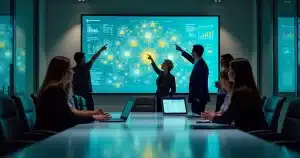 Gestores analisando painel digital com rede de vendas descentralizada e indicadores de desempenho