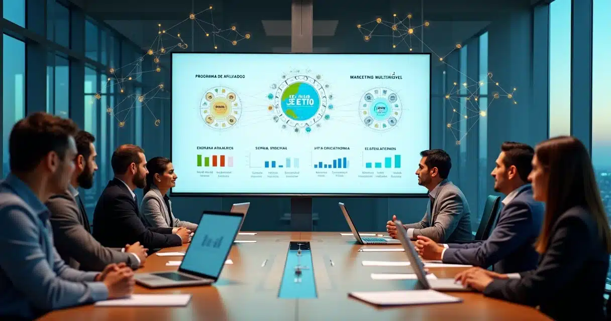 Executivos analisando painéis com diferentes modelos de vendas e redes humanas conectadas