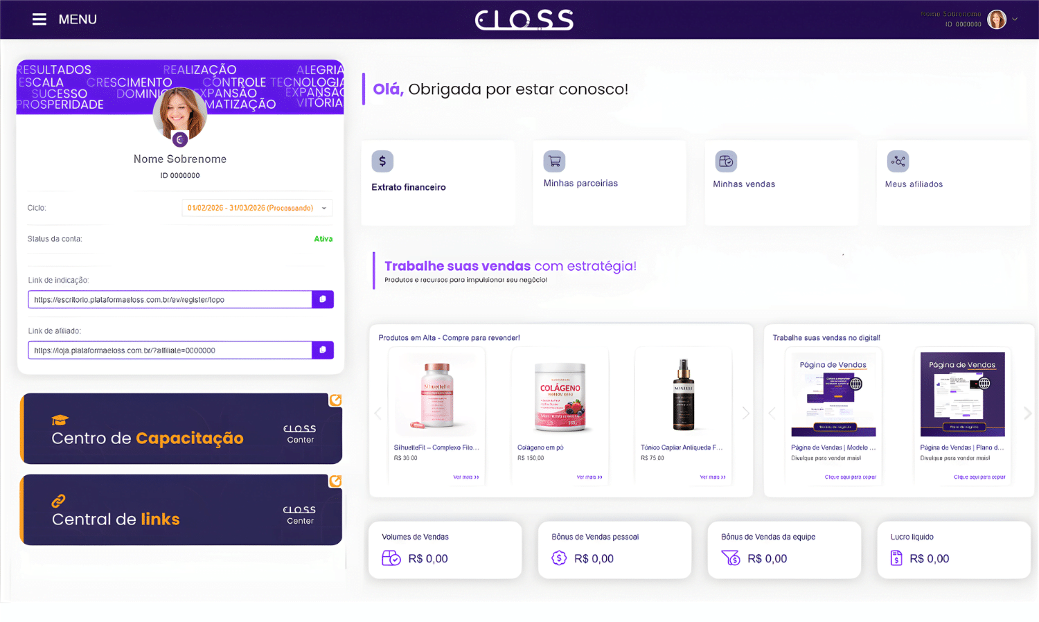 Dashboard do distribuidor Eloss — extrato de bônus e links rastreados por produto