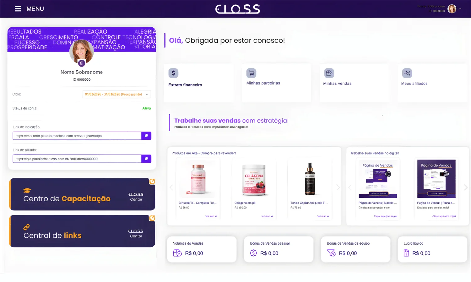 Tela secundária do escritório virtual Eloss com extrato de comissões e links de divulgação rastreados para distribuidor MMN