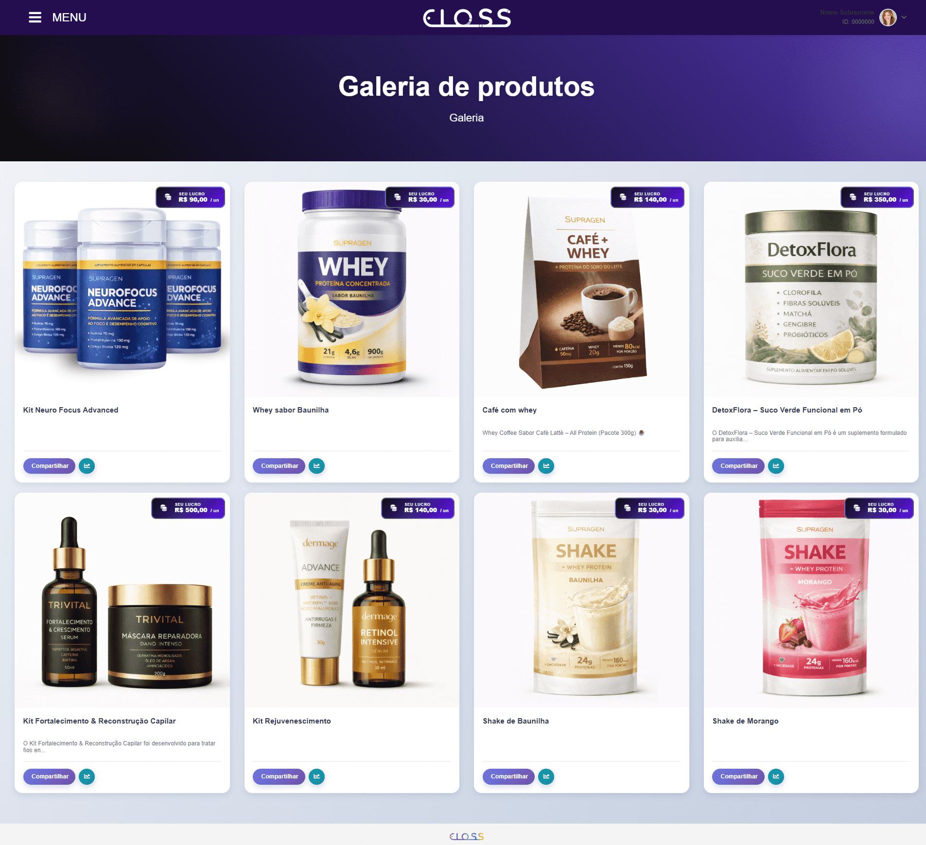 Galeria de produtos com margem de comissão visível para consultora de vendas diretas na plataforma Eloss
