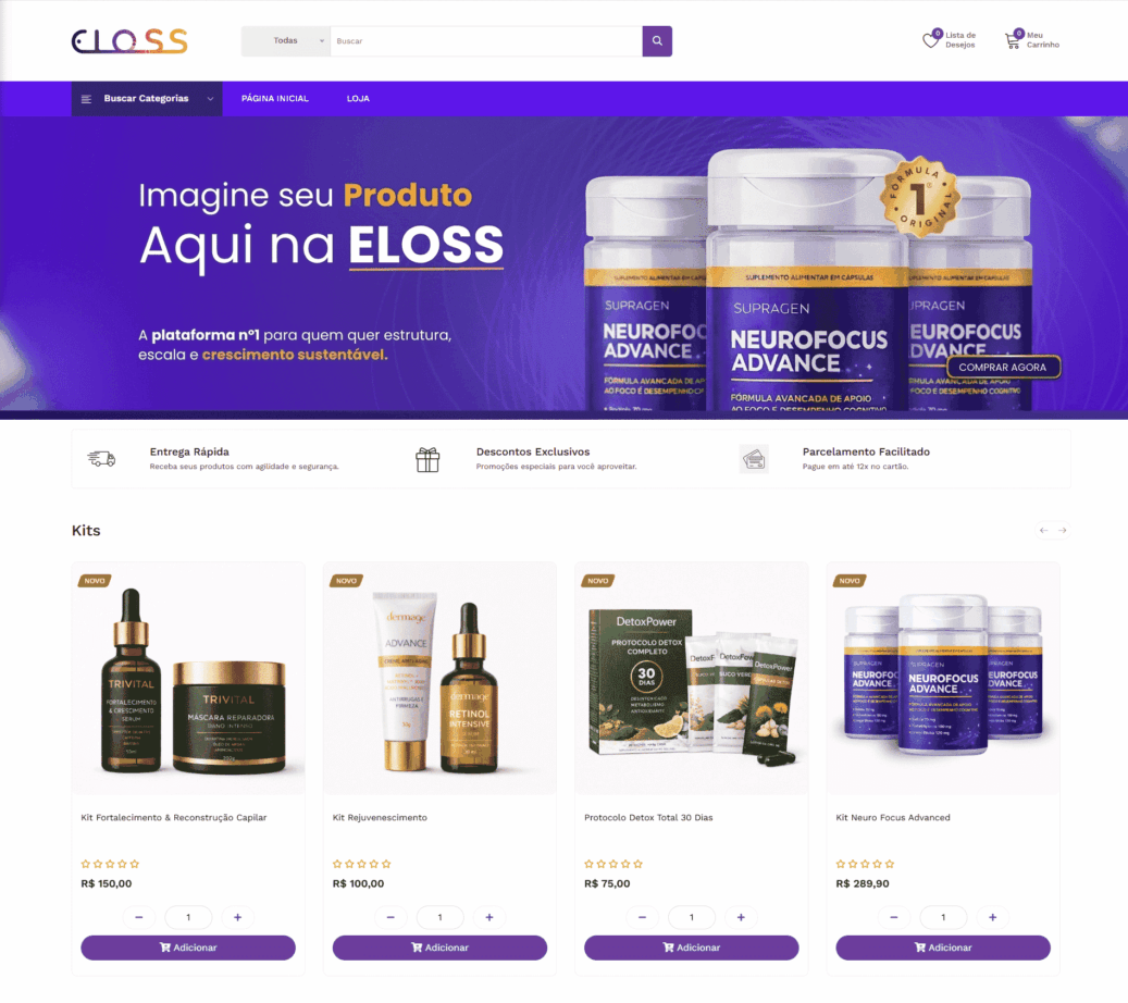 Loja Virtual White Label da Eloss — vitrine de produto físico com atribuição automática ao distribuidor