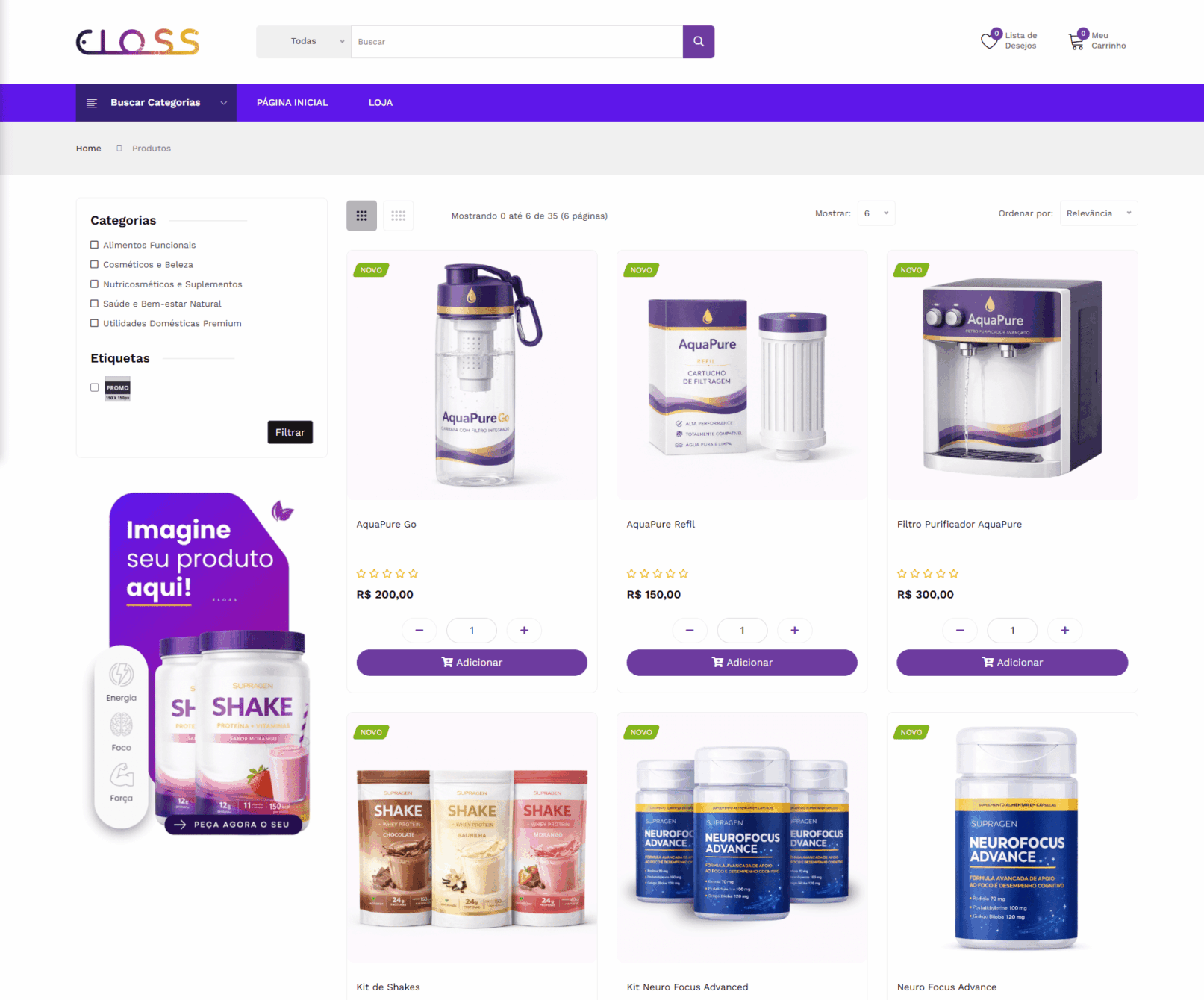 Categorias da Loja Virtual Eloss — catálogo com gestão de pedidos integrada por distribuidor