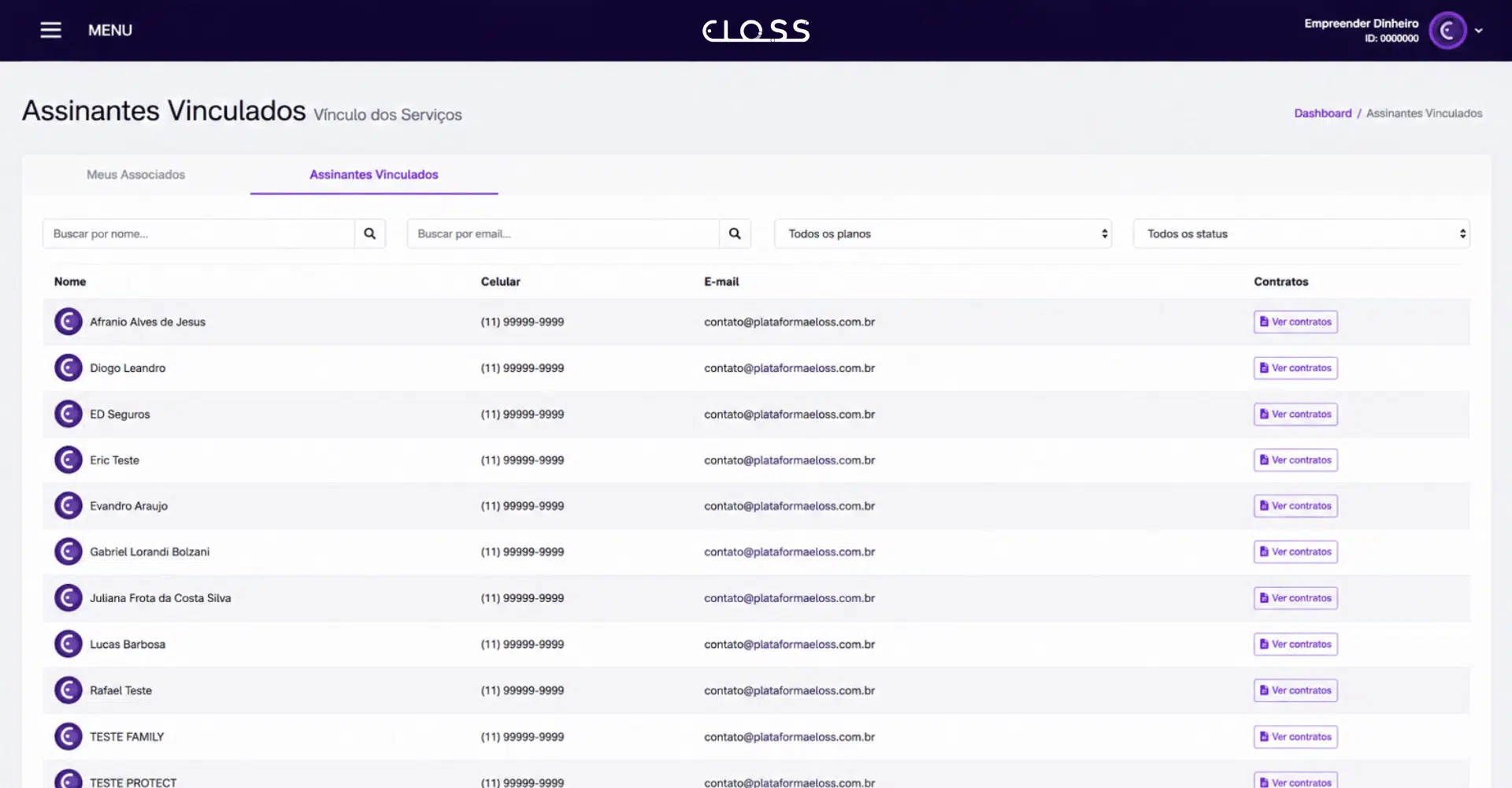 Tela de gestão de recorrências com histórico de contratos ativos e cálculo automático de comissão residual na plataforma Eloss