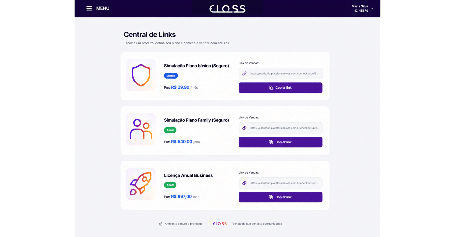 Central de links rastreados por consultora no escritório virtual Eloss para serviços de recorrência e MMN