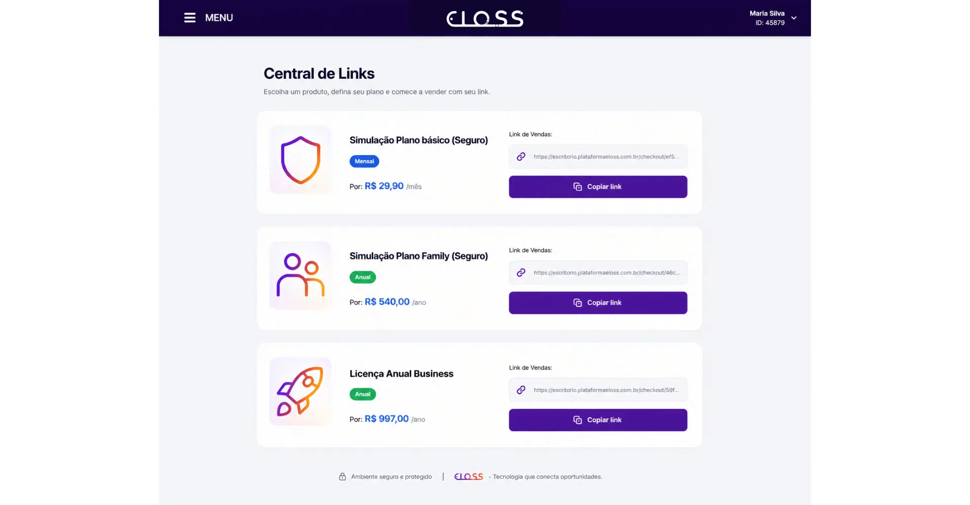 Central de links rastreados por consultora no escritório virtual Eloss para serviços de recorrência e MMN