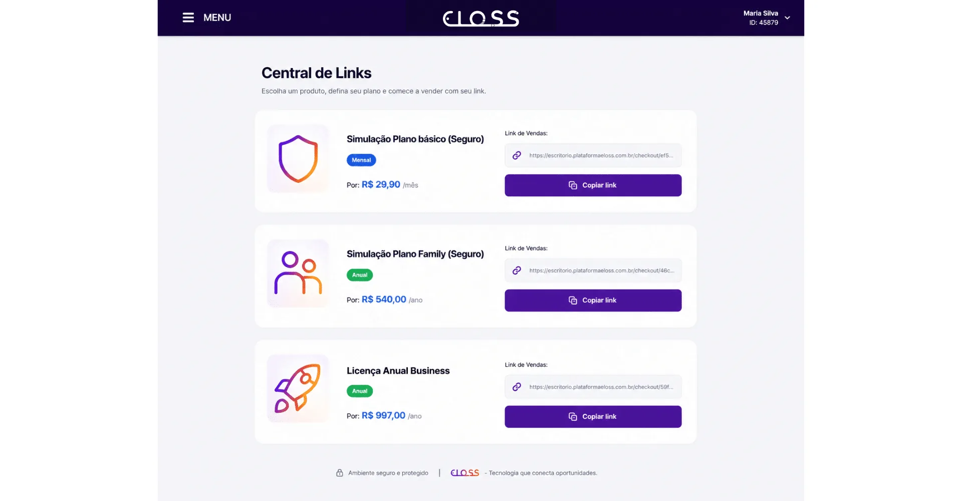 Central de links rastreados por consultora no escritório virtual Eloss para serviços de recorrência e MMN