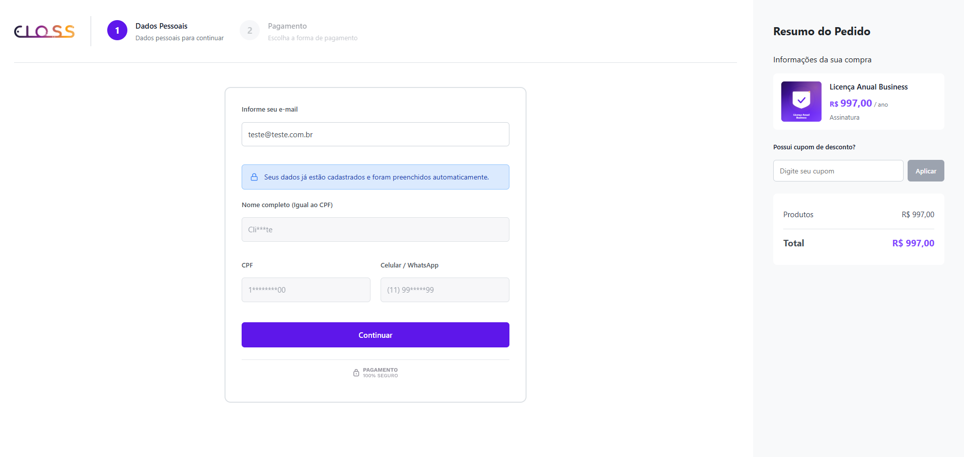 Tela de checkout white label com link rastreado da consultora e atribuição automática de contrato na plataforma Eloss