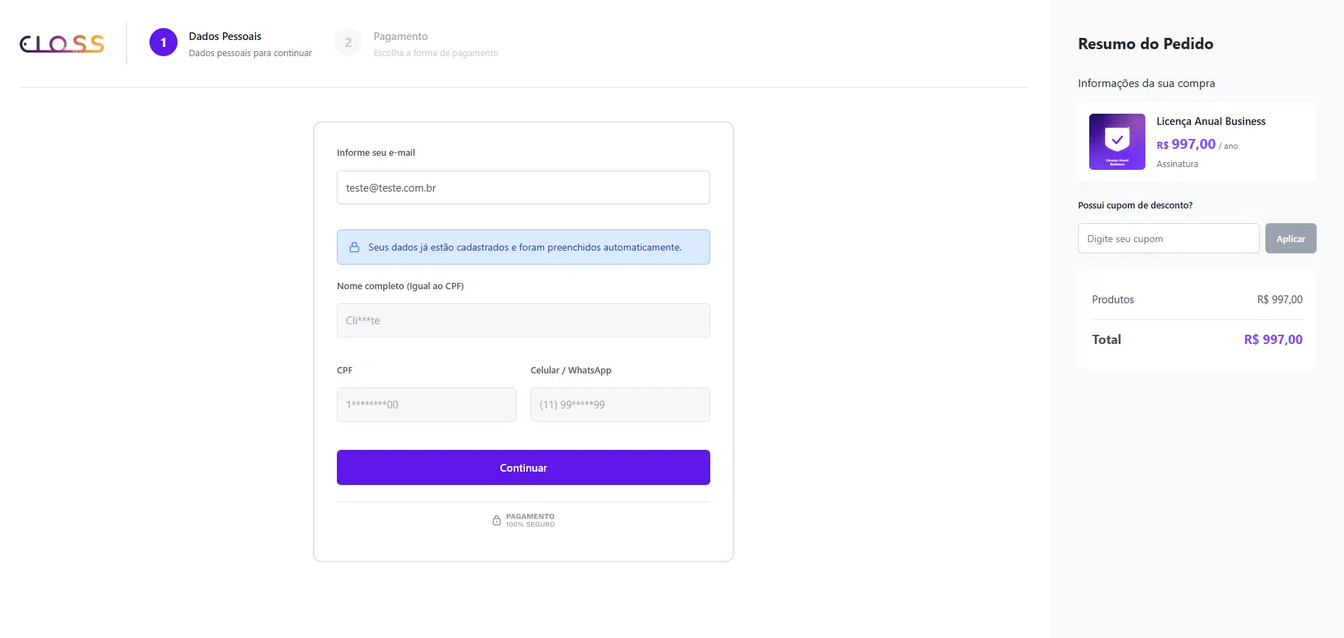 Tela de checkout white label com link rastreado da consultora e atribuição automática de contrato na plataforma Eloss