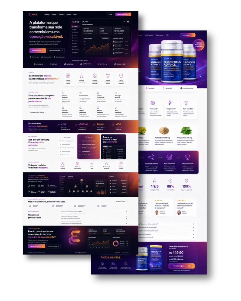 Landing pages rastreadas por distribuidor com links únicos na plataforma Eloss para marketing de rede