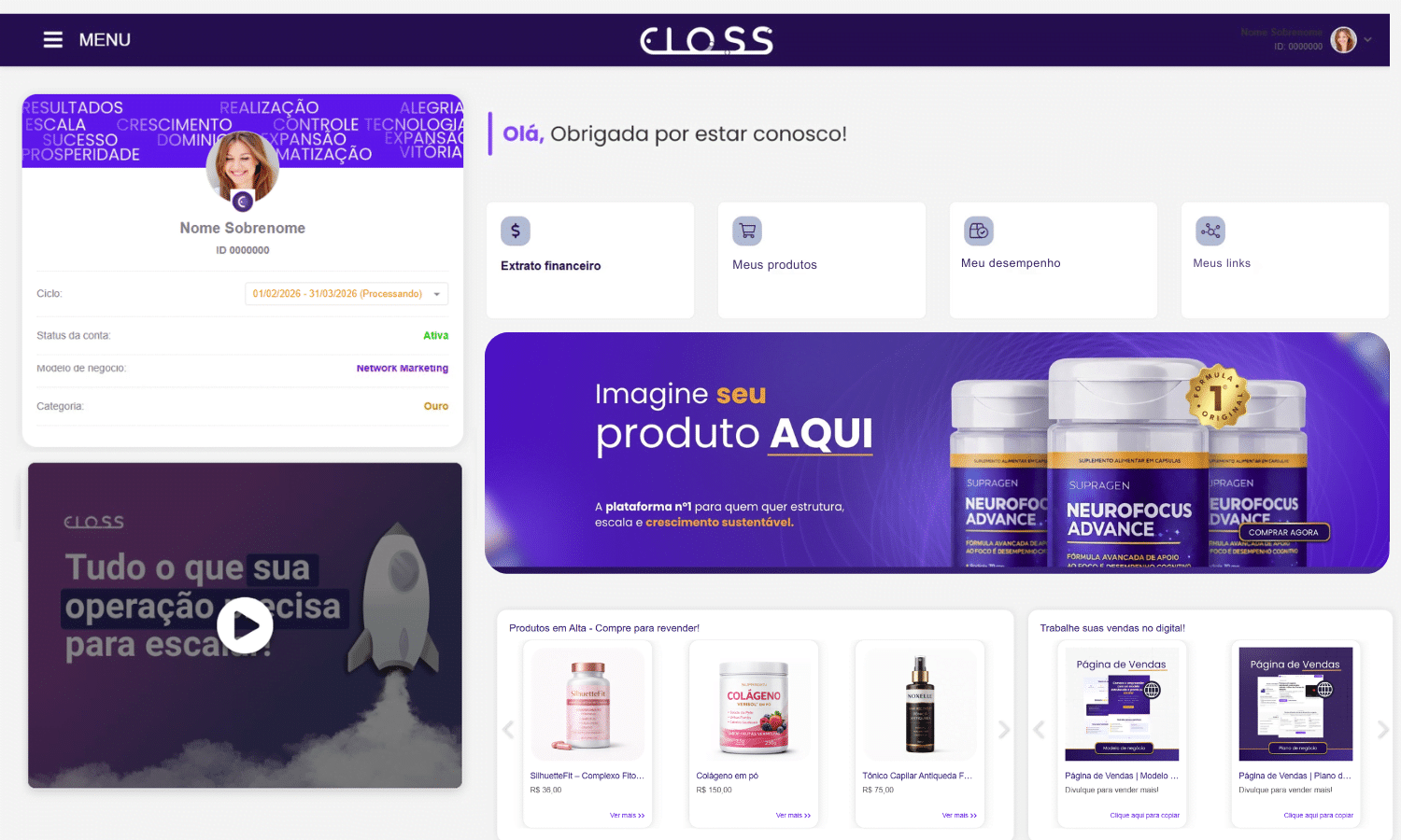 Painel do escritório virtual da Eloss exibindo dashboard de resultados e extrato de comissões para consultora de vendas diretas