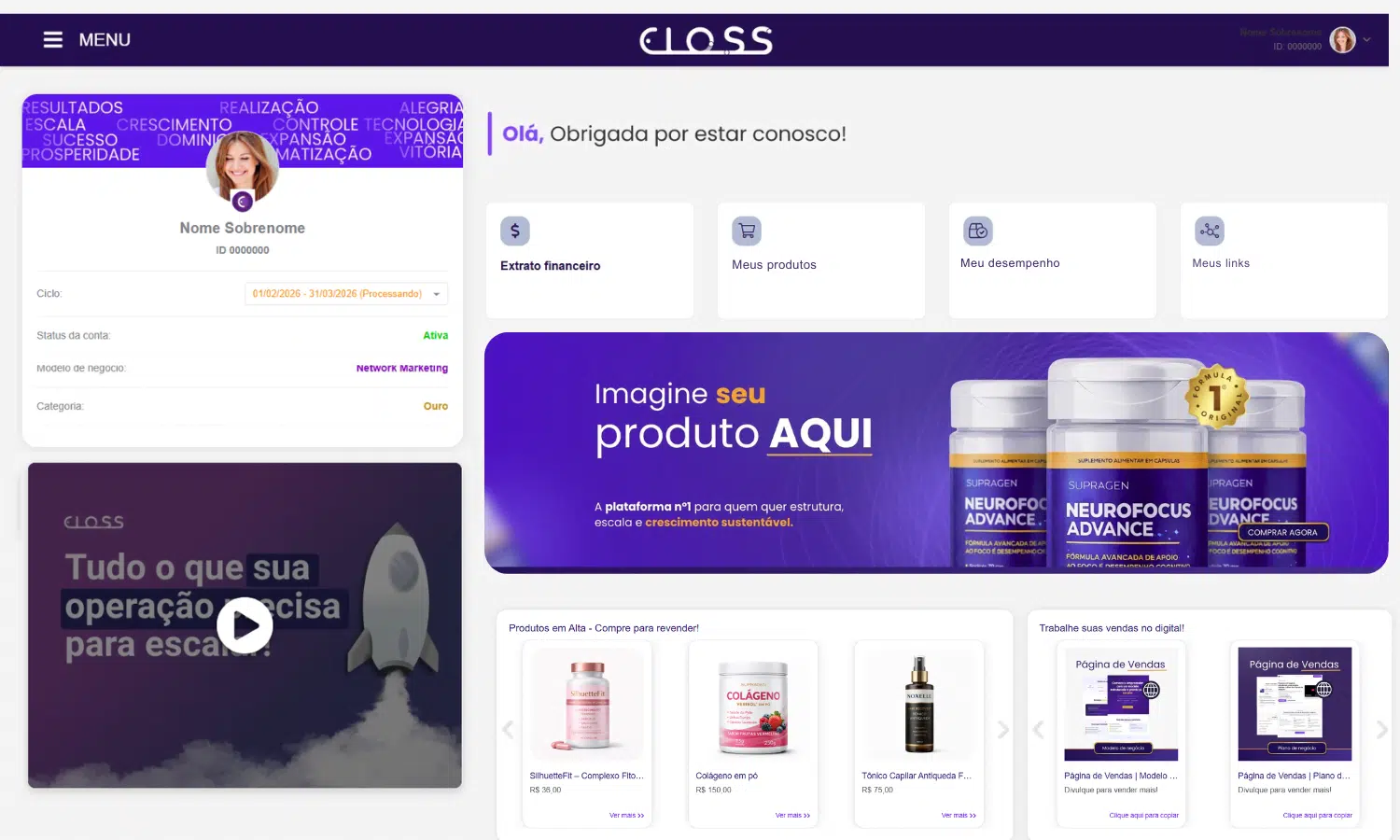 Escritório Virtual da Eloss — painel unificado do distribuidor com comissões por produto físico, digital e serviço recorrente