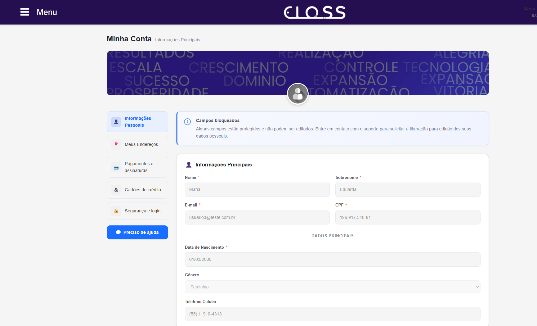 Tela de detalhes do contrato ativo no portal do assinante white label da plataforma Eloss